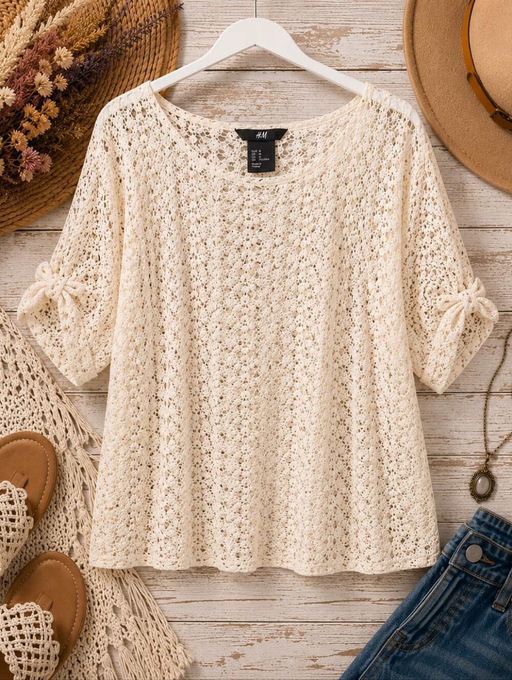 H&M Cream Crochet Lace Boho Blouse Top M